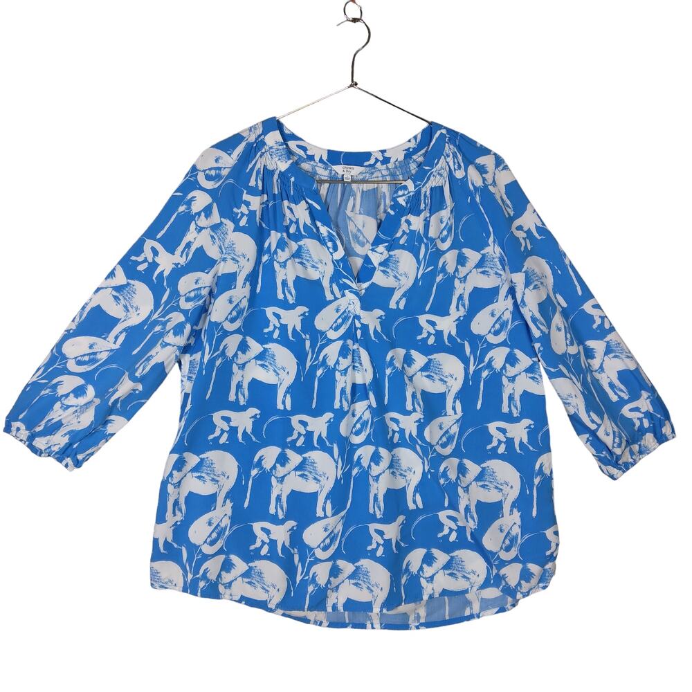 Crown & Ivy Tunic Size Large Elephant Blue and White Henley Neckline